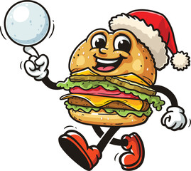Cartoon burger character playing snowballs and wearing a Christmas hat