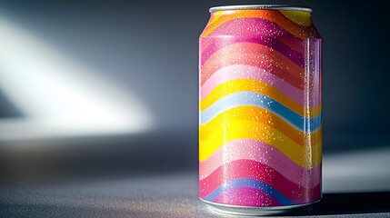 A vibrant 1980s retro-style soda can with colorful wavy stripes and condensation droplets sits on a dark surface, illuminated by a dramatic side light creating a striking artistic