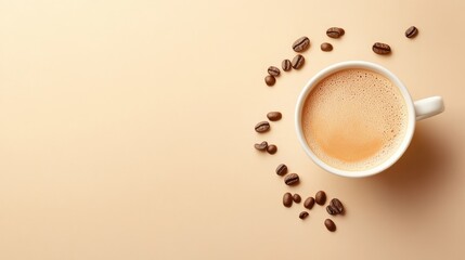 Flat Lay Top View of Aromatic Coffee Cup on Beige Background With Copy Space