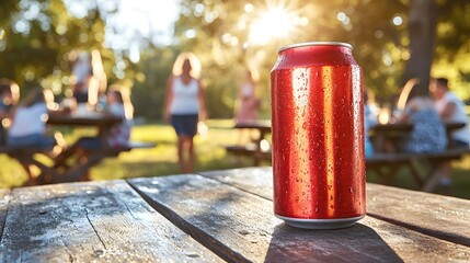 A classic red soda can, glistening with condensation, sits on a rustic wooden picnic table outdoors du a sunny summer gathe with blurred family and friends enjoying a
