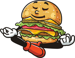 Cartoon burger character is meditating