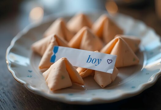 Close-up of sex-determination fortune cookies on a plate, one of them open, with a blue message inside and saying BOY.