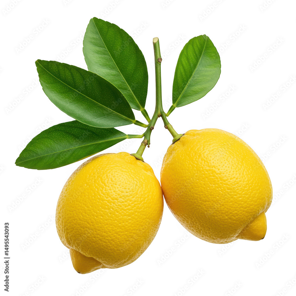 Poster two lemons on branch with leaves isolated on transparent background