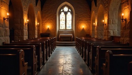 Obraz premium Serene candlelight illuminates a rustic church interior, casting warm, soft light on aged wooden pews and stone walls Perfect for themes of peace, faith, and spirituality , christianity, religion