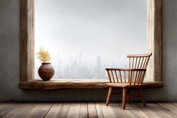 Wooden chair by a window overlooking a city