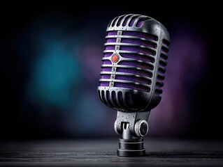 Vintage microphone on dark wooden surface
