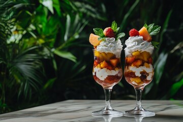Two fruit parfaits adorned with whipped cream and fresh mint.
