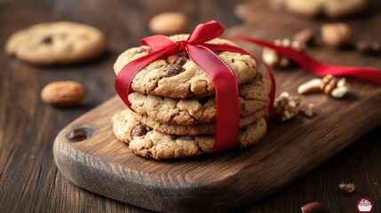 Fototapeta premium Homemade nut cookies with red ribbon on vintage wooden boards for festive occasions.