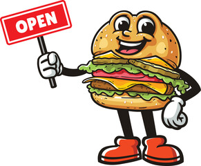 Cartoon burger character holding an open sign