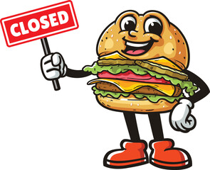Cartoon burger character holding a closed sign