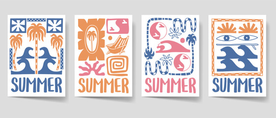 Vintage summer poster set. Paradise beach bohemian illustration style for print, wall art. Boho illustration vector collection. Retro summer cover bundle. 