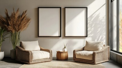 Interior design featuring two square picture frame mockups on a wall with artwork templates