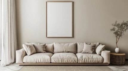 Interior Design with Beige Sofa and Mock-up Poster Frame