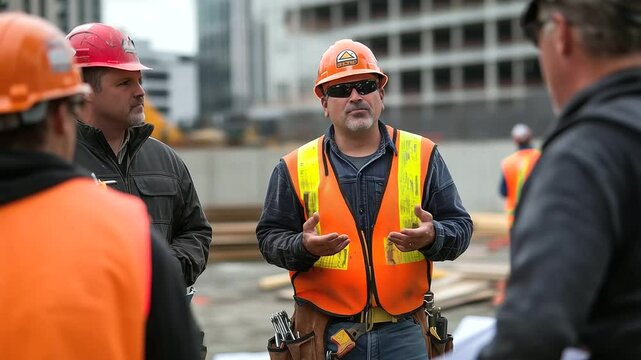 Happy site workers with tool belts, blueprints, and measuring tapes gather around site manager giving cheerful pep talk