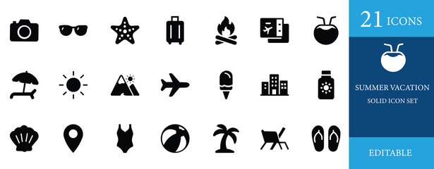 Summer beach icon set featuring sea, travel, vacation, holiday, sun, cocktail, ice cream, ship, and boat elements. Perfect for tropical designs, vector graphics, and summer themes