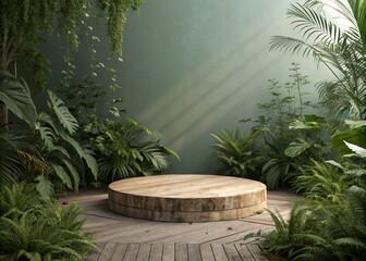 Botanical Stage: An organic, wooden stage is surrounded by a lush array of tropical plants, creating a natural setting for presentations, product displays, or serene contemplation.