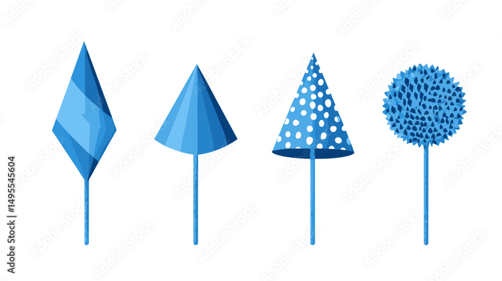 Poster geometric arrangement of various blue shapes including triangles and circular forms