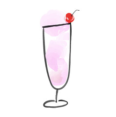 Ice cream with cherry in a glass cup, watercolor style illustration