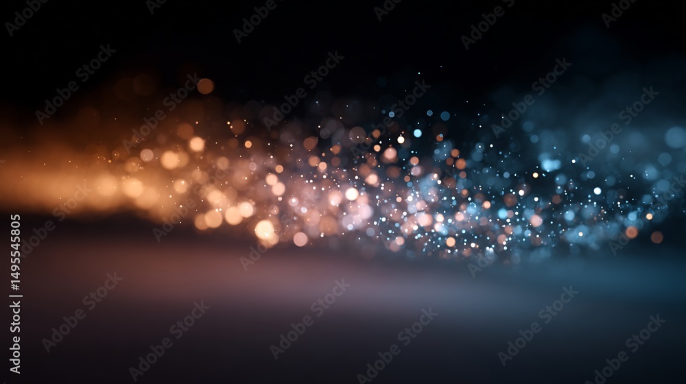 Poster abstract background with orange and blue lights bokeh effect on dark backdrop