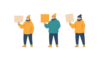 Obraz premium Group of Three People Holding Blank Signs in Winter Clothing Standing Together Outdoors