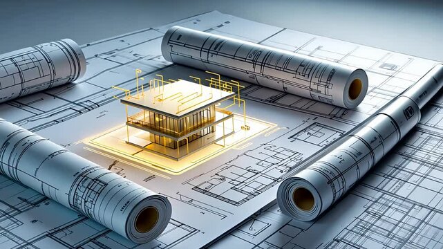 Digital Building Blueprint with 3D Model and Engineering Drawings on Table