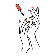 The lady does a manicure, paints her nails with varnish. Silhouette of female hands in a modern one line style. Solid line, aesthetic outline for decor, posters, stickers, logo. Vector illustration.
