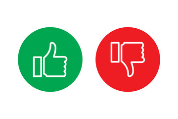 Thumbs up and thumbs down icon set. Like and dislike symbols in green and red colors. Rating and feedback. Do and Don't icons. Vector stickers.