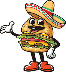 Cartoon character burger wearing a sombrero
