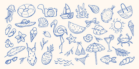 Summer Vacation. Hand drawn Italian holiday elements in Blue color. Sea life doodle. Coastal Mediterranean vector isolated collection for card, prints, wedding invitation