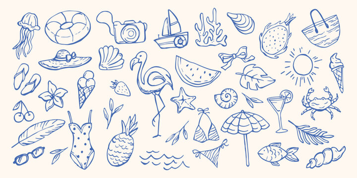 Summer Vacation. Hand drawn Italian holiday elements in Blue color. Sea life doodle. Coastal Mediterranean vector isolated collection for card, prints, wedding invitation