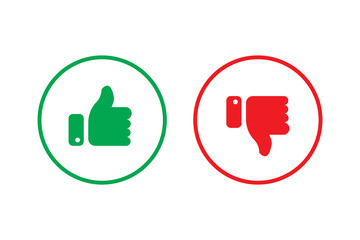 Thumbs up and thumbs down icon set. Like and dislike symbols in green and red colors. Rating and feedback. Do and Don't icons. Vector stickers.