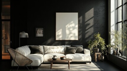 Living Room Interior Design Template with Decor and Mock Poster Frame