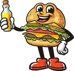 Cartoon character burger holding a bottle of oil