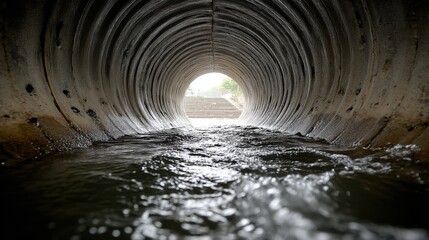 Naklejka premium Water flows through a large concrete pipe, light at the end of the tunnel shows stairs, view from inside a drainage pipe.