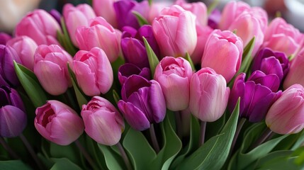 Fototapeta premium Many pink and violet tulips bouquet.