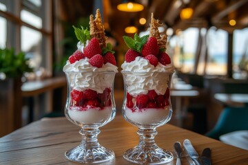 Two glasses of raspberry dessert with whipped cream.