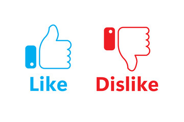 Like and dislike flat icon set with red and blue frame. thumbs up, thumbs down, vector icon