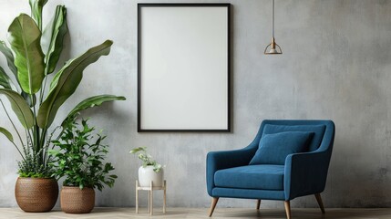 Mock up poster frame in stylish living room interior with blue armchair and home decor accessories.