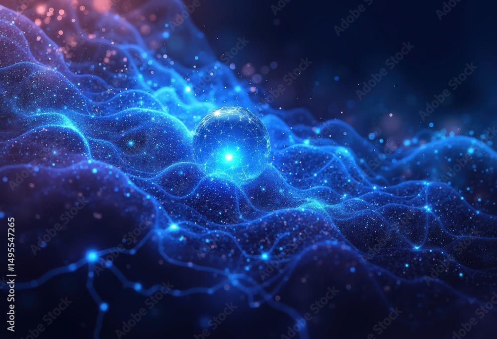 Poster abstract blue wave pattern with glowing sphere in a cosmic background