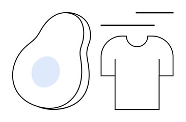 Abstract avocado half paired with a t-shirt outline. Ideal for fashion, health, food, sustainability, design, creativity, and lifestyle. Clean flat simple metaphor
