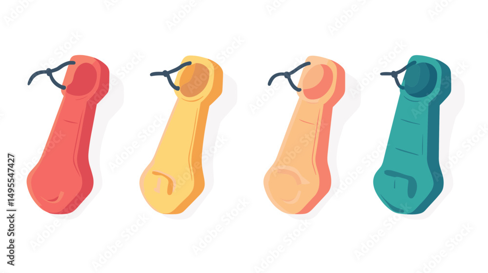 Poster set of colorful decorative objects in various shapes and shades hanging on a neutral background