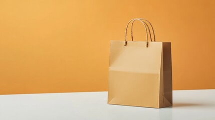 Mockup of blank craft package or brown paper shopping bag with handles on white table against pastel orange background, with space for message and logo.