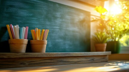 Classroom Supplies on Wooden Shelf