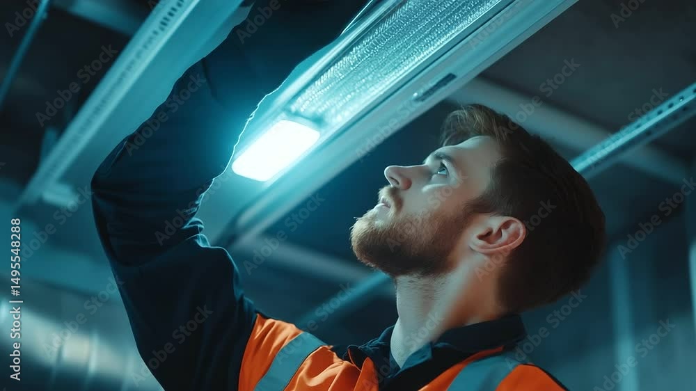 Poster low angle shot of technician illuminated by work light while changing filter inside wall-mounted ven