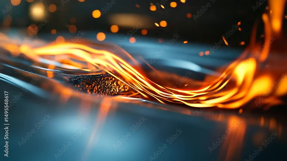 Poster Macro focus on the heart of a gas flame as it curls around the metal burner head, tiny flickers and shadows creating a dynamic interplay of light and heat, symbolic of household en