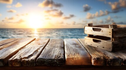 Seaside sunset view, tranquil ocean waves reflecting warm light, wooden pier with space for text, perfect for relaxation themes.