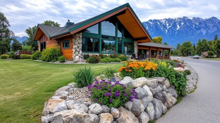 Rustic Mountain Lodge with Stone Facade and Vibrant Flower Gardens