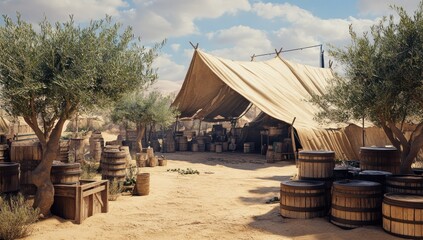 Desert Oasis Trading Post: A sun-drenched canvas tent shelters barrels and crates amidst olive trees, evoking a sense of ancient commerce and travel in a warm, arid landscape.
