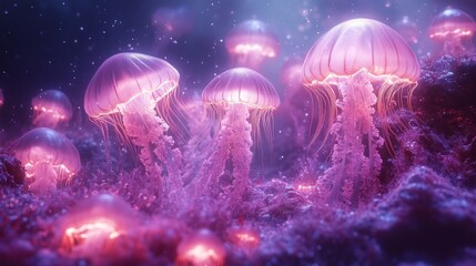 Fototapeta premium Pink jellyfish glowing in a vibrant underwater scene