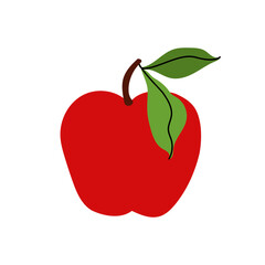 Simple red apple on white background. Hand drawn icon fruit with green lives. Farm and agriculture, organic food. Flat vector illustration for packaging, branding, menu, recipe.